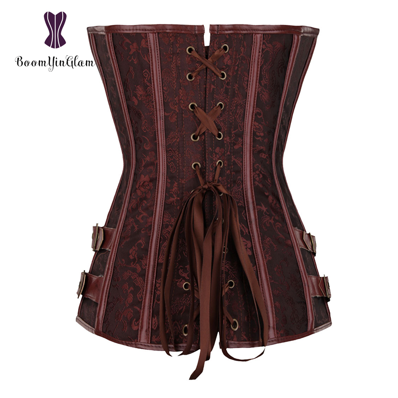 Midja tränare brokad steampunk jacquard konstläder dubbade överbyst brun korsett bustier med kedjor s -6xl 916#