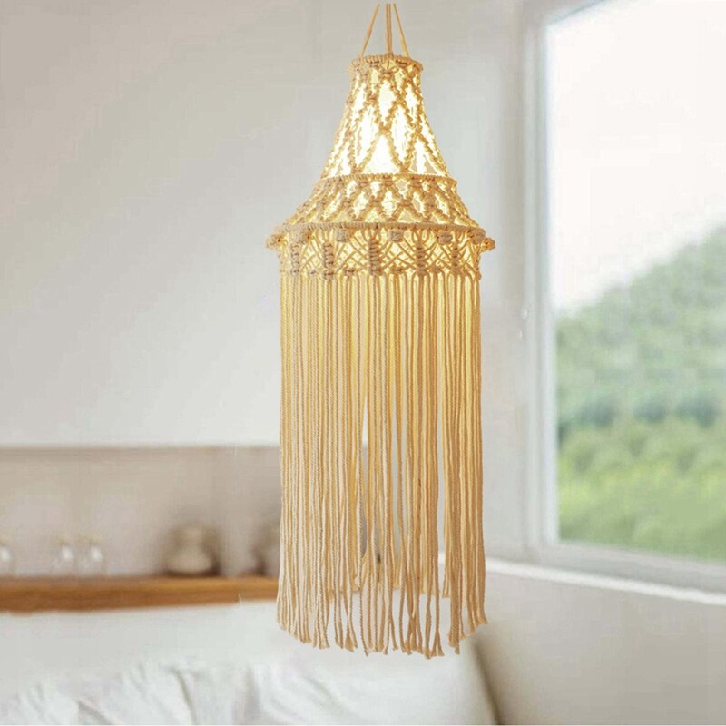 Abat-Jour Suspendu Macramé - 80x30cm, Coton Beige, Style Bohème Pour Chambre, Salon, Déco