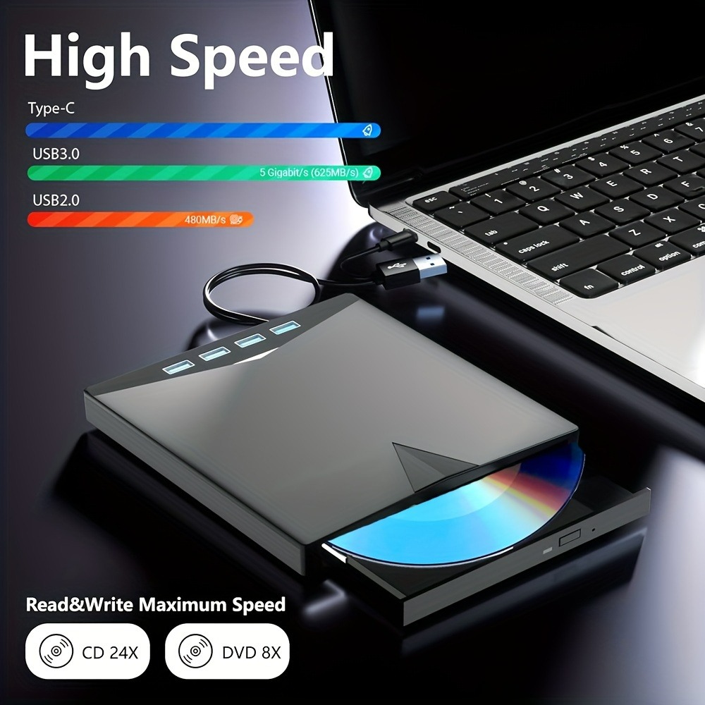 7-in-1 externes CD-DVD-Laufwerk mit 4 USB-A-Anschlüssen und TF/SD-Kartensteckplätzen für Laptop, MacBook, Desktop-PC, Windows 11/10/8/7, Linux Mac