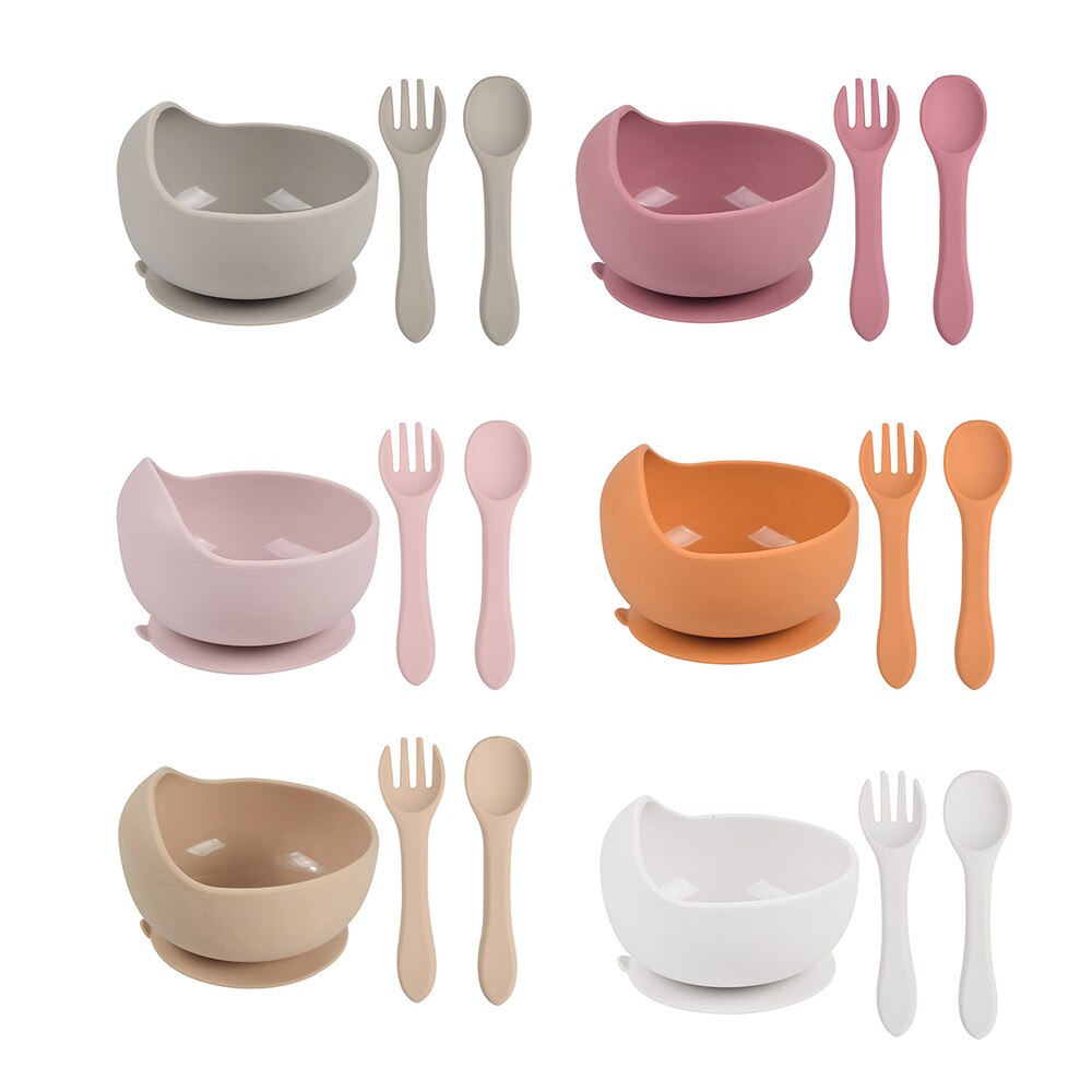 3Pcs Baby Silicone Bowl Spoon Fork Set BPA Free Non-slip Children&#39;s Suction Bowl Handle Silicone Set Food Grade Tableware