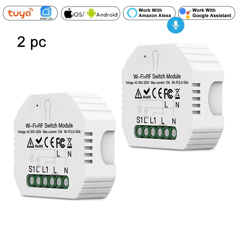 Mini DIY WiFi RF433 Smart Light Switch Module Relay Tuya Smart Life Voice Control 1/2 Way Wall Switch Breaker Alexa Google Home: 2pcs