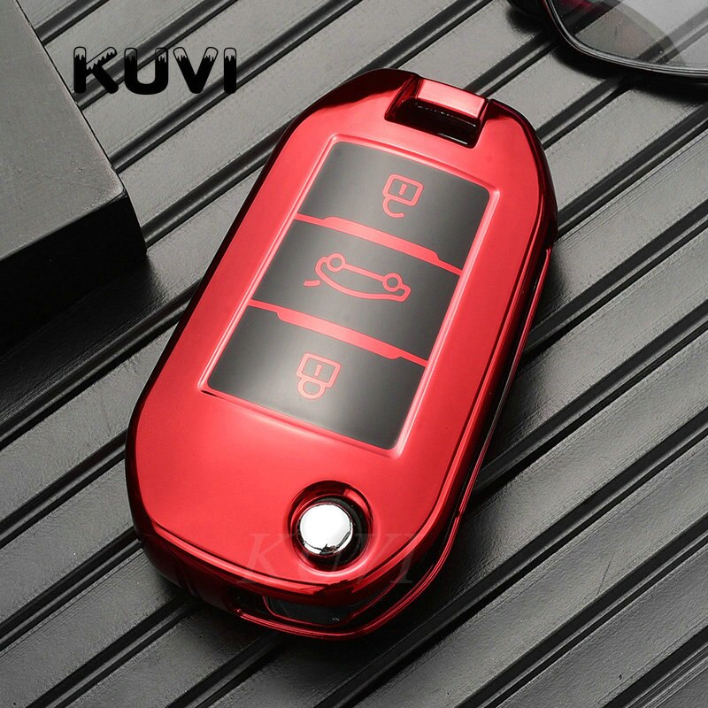 Porte-clés de voiture pliable en TPU, étui à couverture complète pour Peugeot 3008 208 308 508 408 307 4008 et citroën C4 C4L CACTUS C3 C6 C8: Red