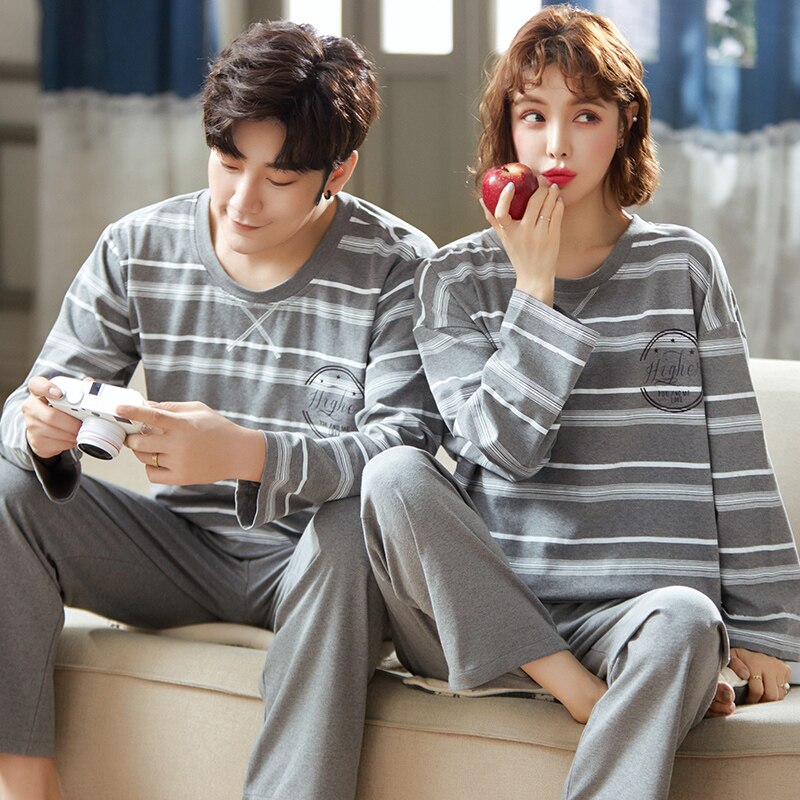 Pyjama Set - Katoen & Polyester - Gestreept Lange Mouw O-Hals - Heren & Dames Koppel Nachtkleding