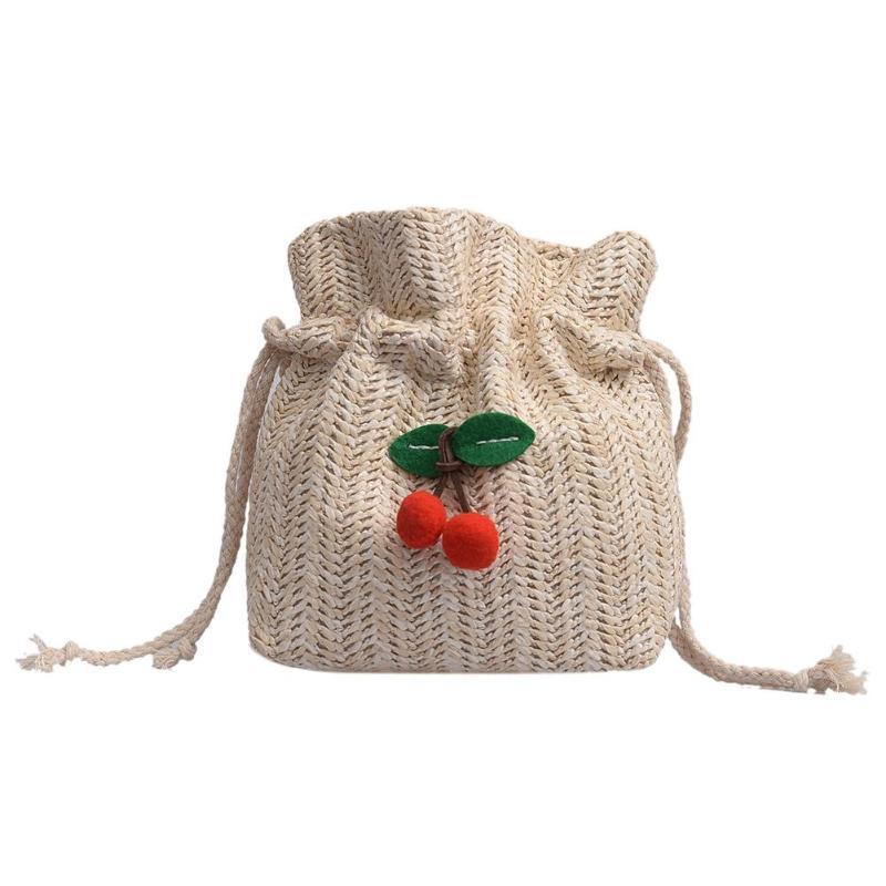 Petites filles décontracté paille cerise seau bandoulière sacs à bandoulière femmes sauvage été plage cordon poche Messenger sacs: WHITE