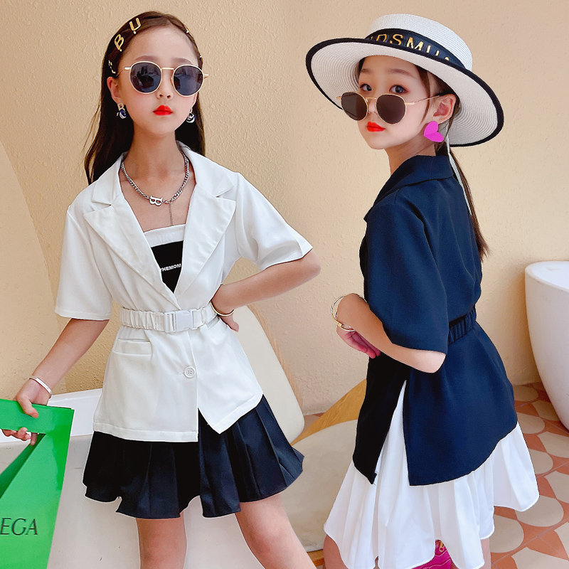 Ropa coreana para niñas, Chaqueta de traje de manga corta, Color blanco y negro, chaquetas de para adolescentes, abrigos con cinturón de 5, 6, 8, 10 y 12 años