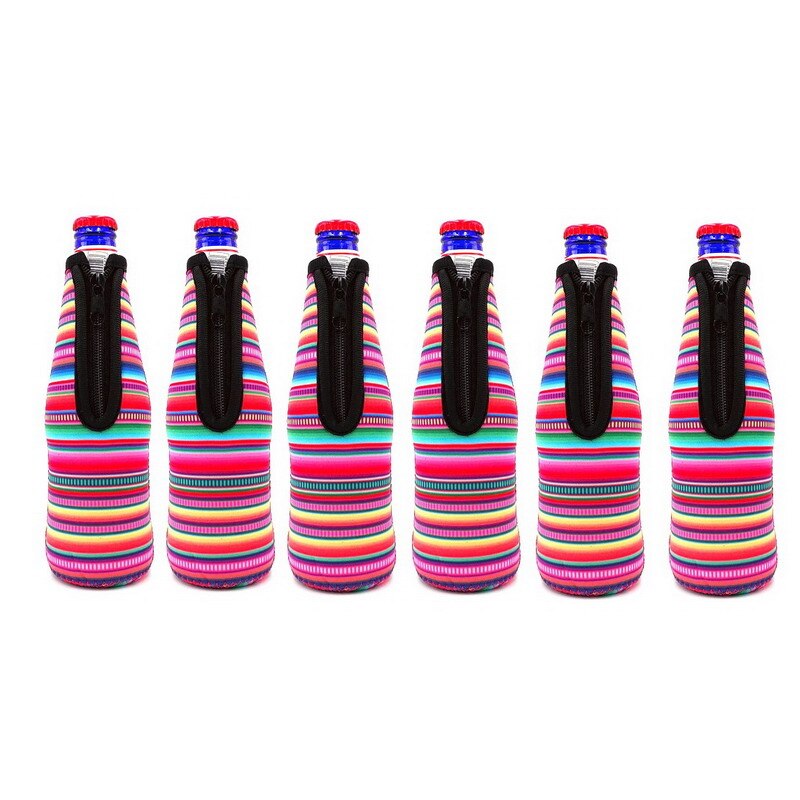 6pcs Beer Bottle Cooler Sleeves with Ring Zipper Collapsible Neoprene Insulators for 12oz 330ml Bottles Party Drink Coolies: Rainbow