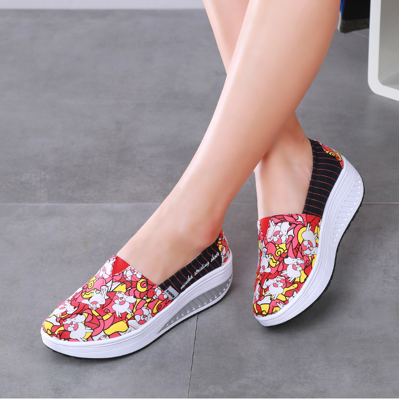 MINIKA Canvas Print Women Swing Shoes Height Increasing Shoes Health Slip-On Shoes Comfort Women Toning Shoes