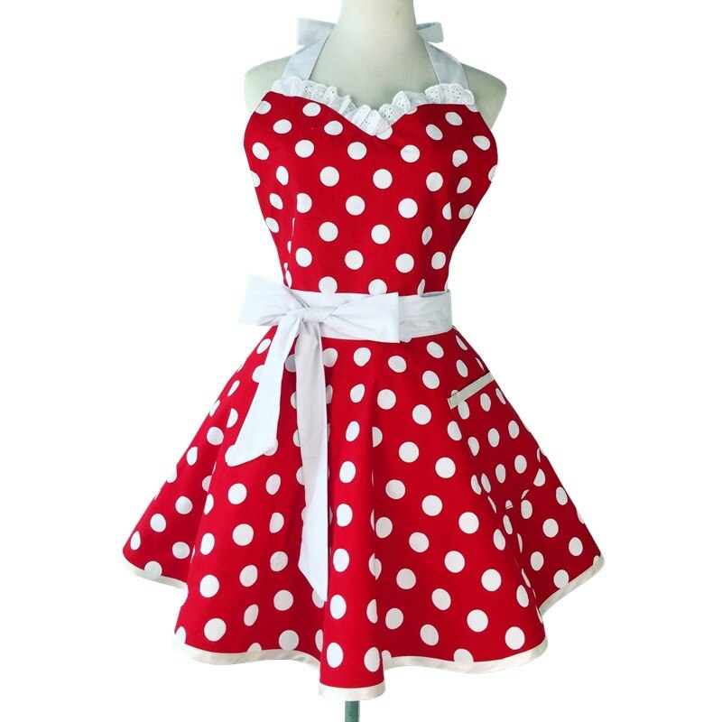 Mooie Retro Schorten Voor Vrouwen Koken Schort Leuke Verstelbare Katoen Sexy V-Hals Polka Dot Zwarte Schort Klassieke Grote wave: red-V-dot