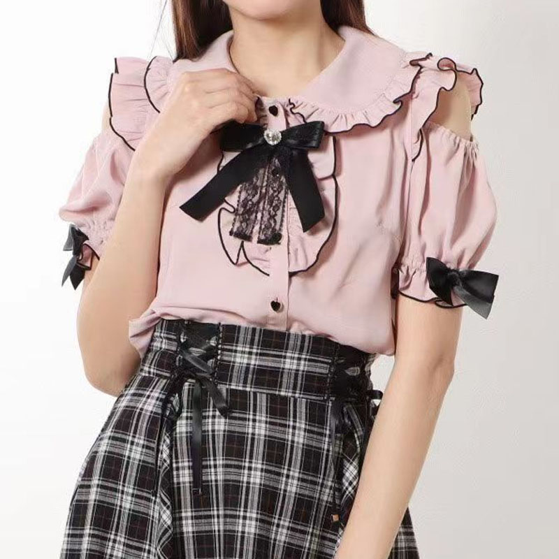 Blusas góticas de Lolita para Mujer, agradable arco con hombros descubiertos, camisa JK para chicas japonesas, Blusas elegantes con volantes de encaje y corazón de amor para Mujer: M / Azul