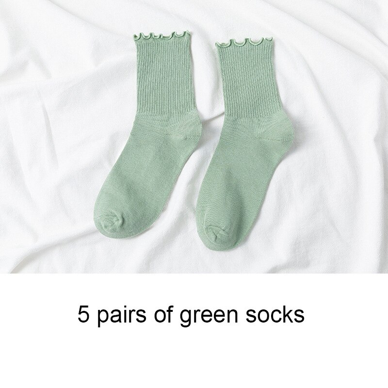 5 Pairs Women Cotton Ruffle Frilly Socks Black White Cute Autumn Winter Socks Solid color Soft Happy Girl Socks: E green