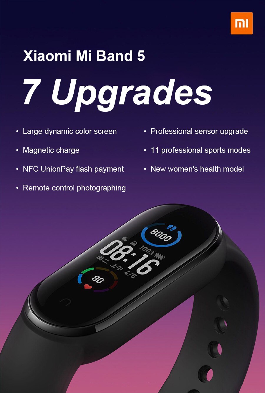 Xiaomi-pulsera inteligente Mi Band 5 Original, reloj con Pantalla AMOLED, control del ritmo cardíaco, Bluetooth, NFC