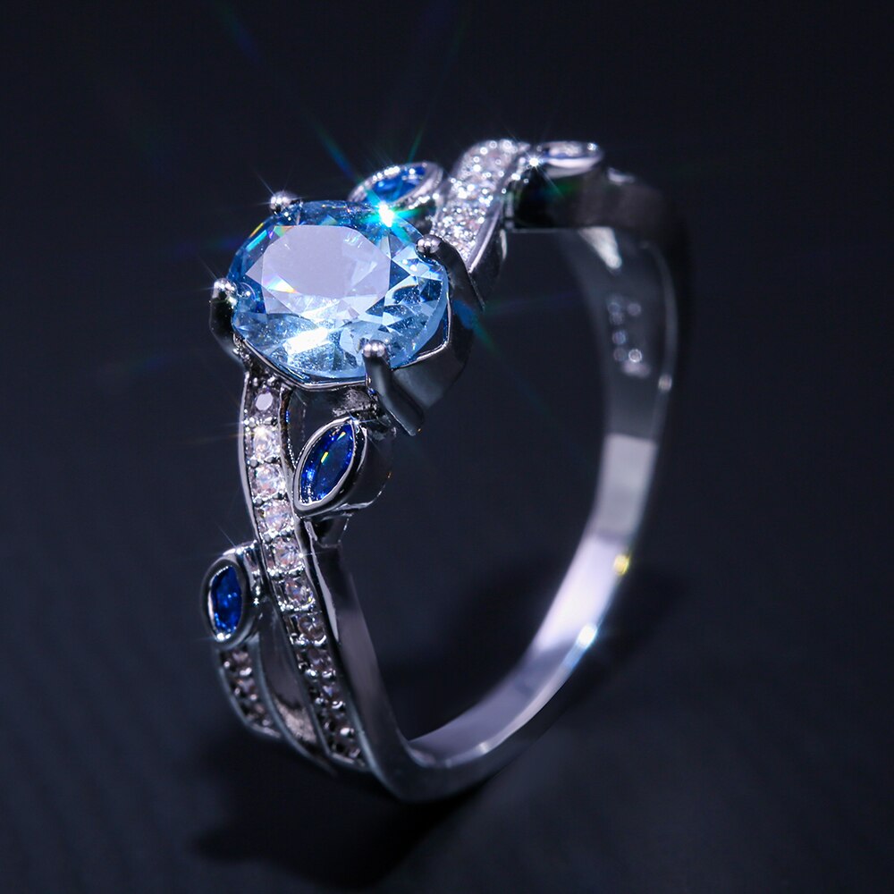 Huitan Cirrus Twist Kronkelende Met Schattige Bladeren Vrouwen Ringen Met Brilliant Sky Blue Kubieke Zirkonia Steen Vrouwelijke Sieraden Ring