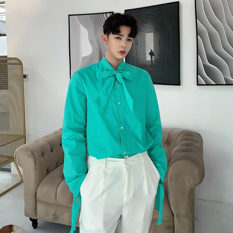 Mannen Mode Strik Tie Lange Mouwen Losse Geel Shirt Party Dress Shirt