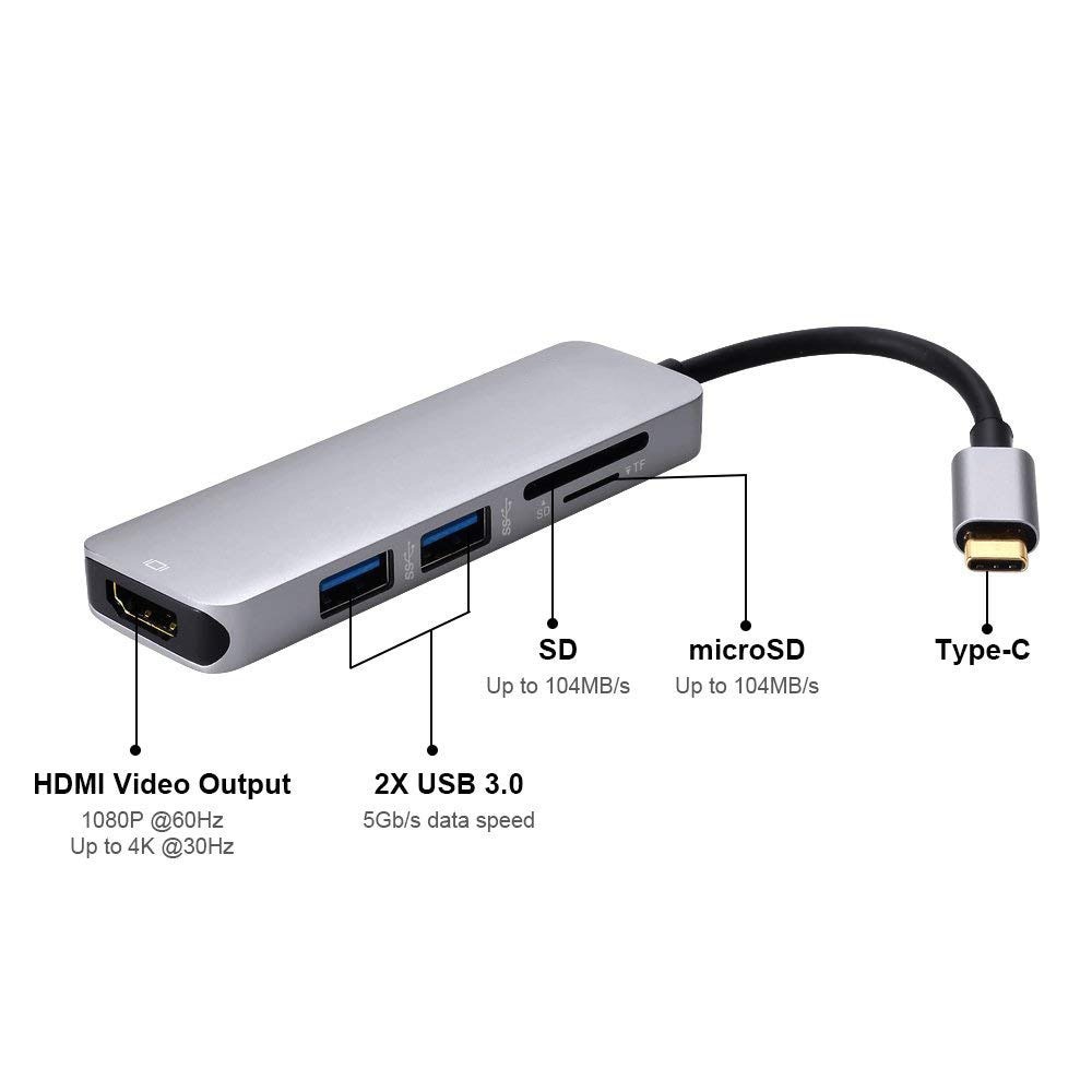 Adaptador Hub 4K 30Hz 1080P salida de vídeo tipo C para MacBook USBC a HDMI 2 USB 3,0 5Gbs SD TF ranura para tarjeta