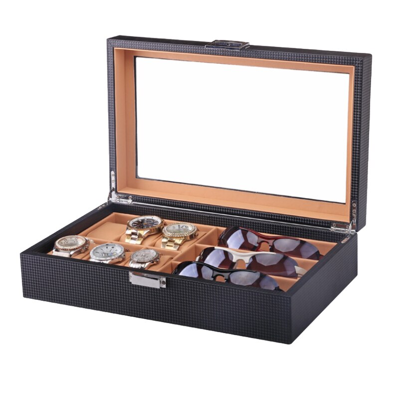 Watch Box Clock Box Watch Case Time Box Jewelry Box Jewellery organizer Jewellery holder for Glasses and Watch Holding: Carbon fiber brown