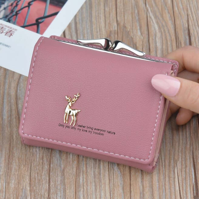 Cartoon Leather Women Purse Pocket Ladies Clutch Wallet Women Short Card Holder Cute Girls Deer Wallet Cartera Mujer: Red