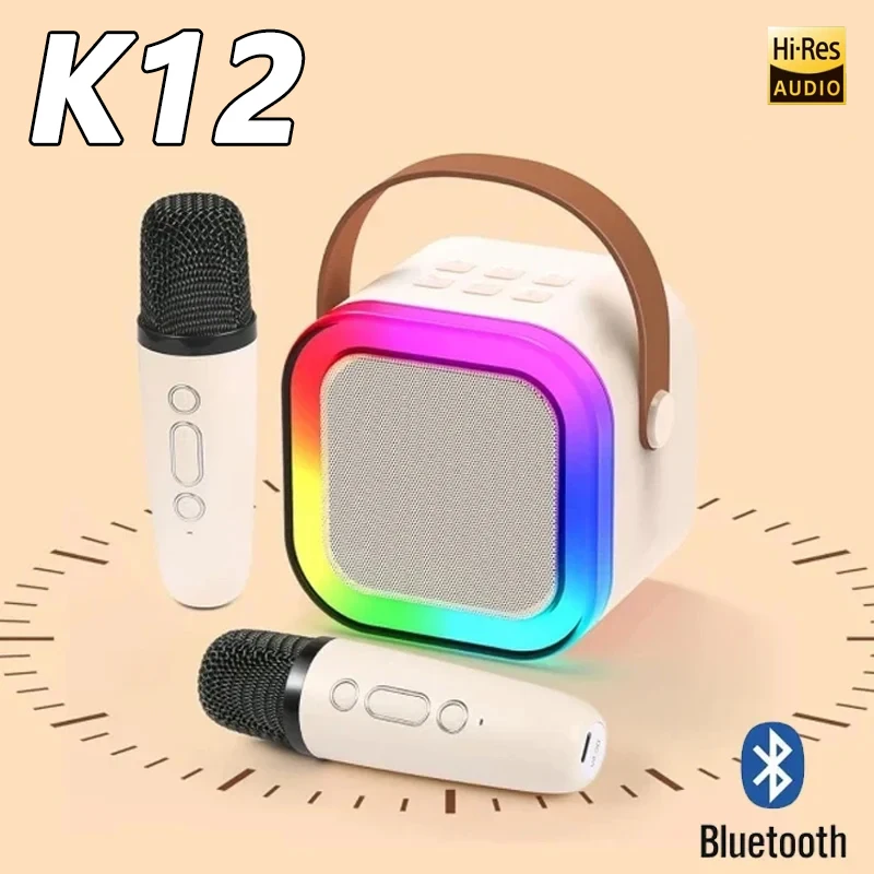Máquina de karaokê k12 com 1-2 microfones sem fio portátil 5.3 pa sistema de alto-falante bluetooth luzes rgb áudio casa ktv presentes para crianças
