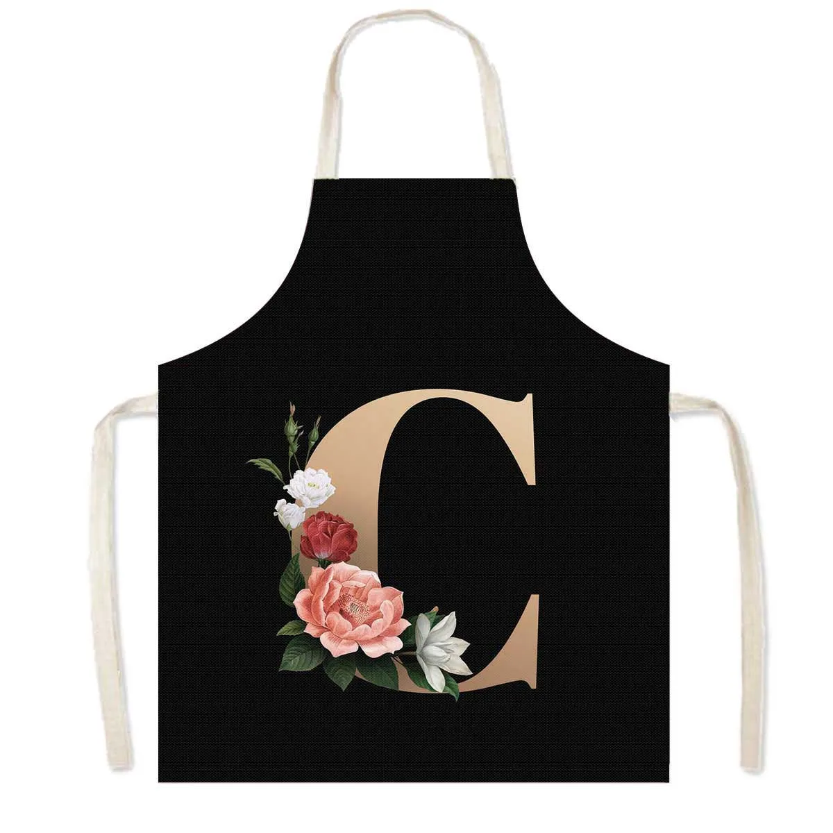 Delantal de cocina con estampado de flores y 26 iniciales, delantales de cocina con letras de A-Z para mujer, Chef de barbacoa, camarero, herramienta de limpieza para hornear en casa, delantal