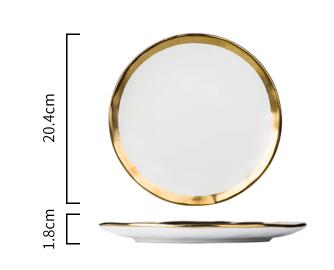 Assiette et bol en céramique à incrustation d'or, collection de vaisselle à bord doré, service de table blanc et noir doré: 8 inch white plate