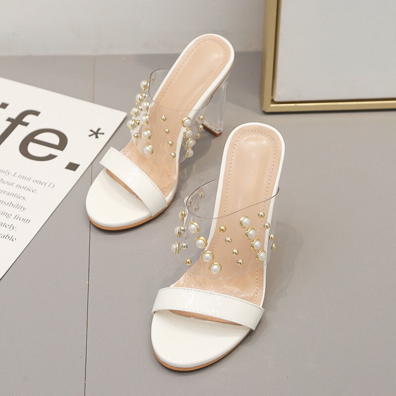Pearl High Heels Transparent Sandals Women Summer White Clear Heels Peep Toe Shoes Slippers Plus Size Slingback Sandals