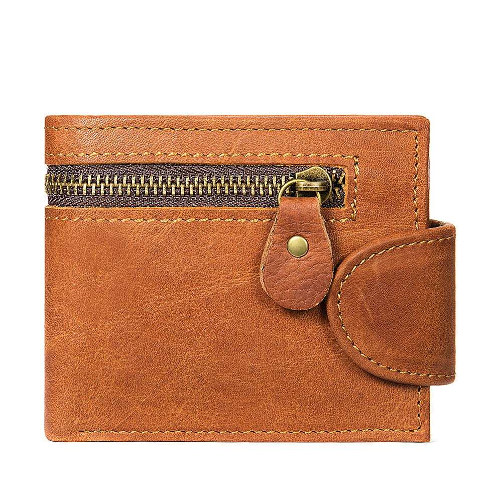 Men's Crazy Horse Leather Short Wallet Genuine Leather Buckle Wallet Vintage Top Layer Cowhide Card Holder Multi-Card Wallet: Brown