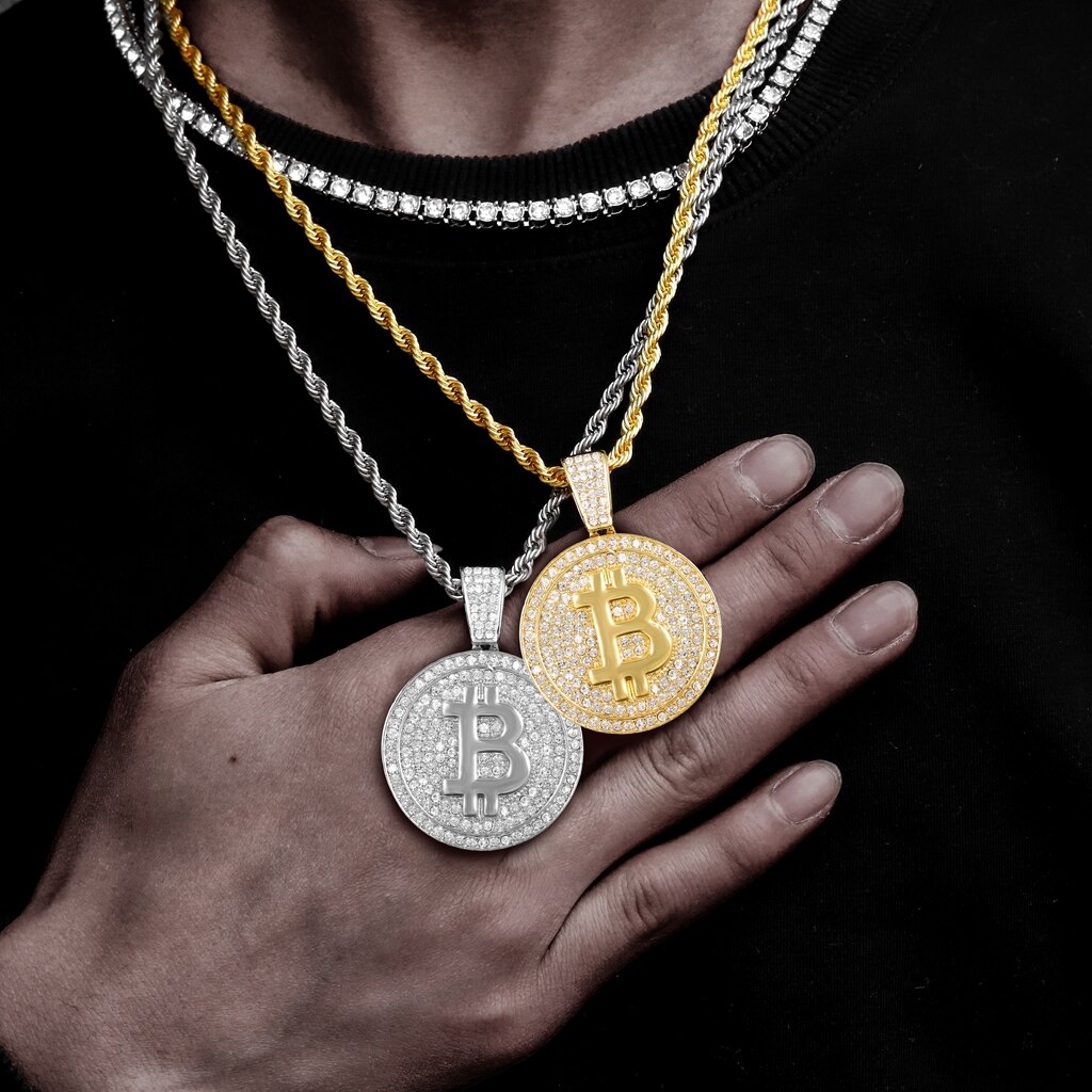 Novo iced para fora bitcoin pingente colar com 4mm corrente de tênis iced para fora bling corrente colar para homem strass cubano link chain