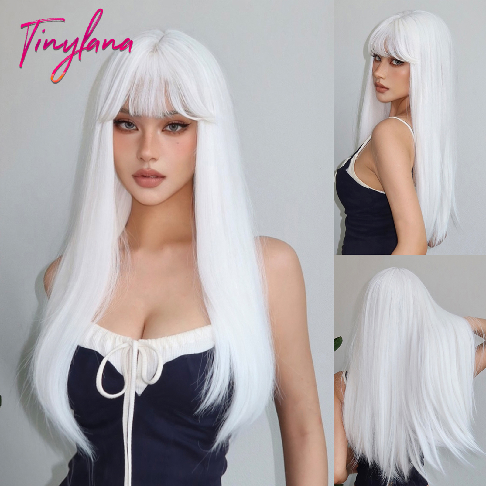 Pelucas sintéticas largas y rectas de color gris ceniza plateada, Cosplay de Lolita, pelo Natural con flequillo para mujeres blancas, diaria, resistente al calor: #5