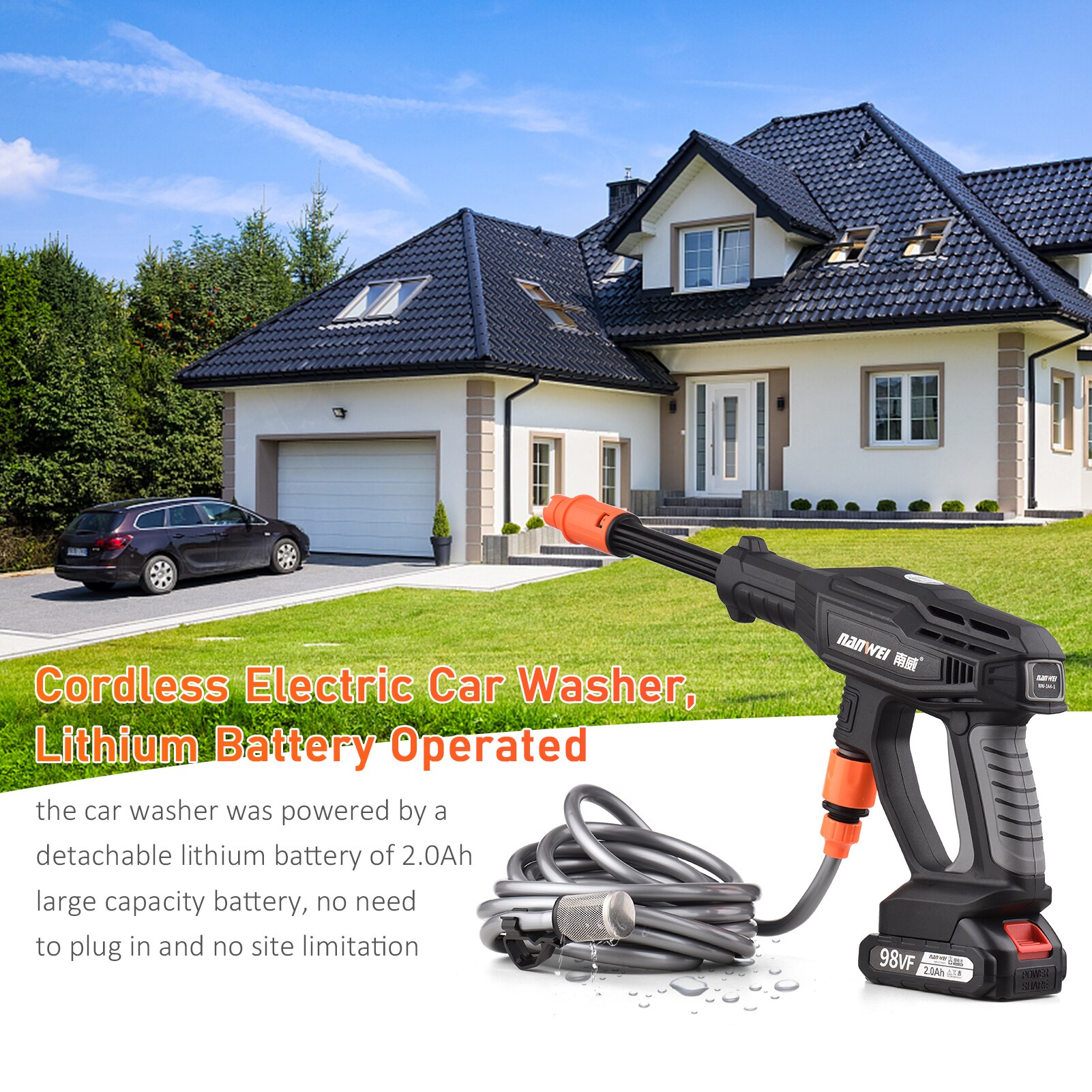 2.0Ah battery Wireless Car Washing Machine Mini Cordless Electric Car Washer with a 5-meter Water Hose and a 400ml Bottle