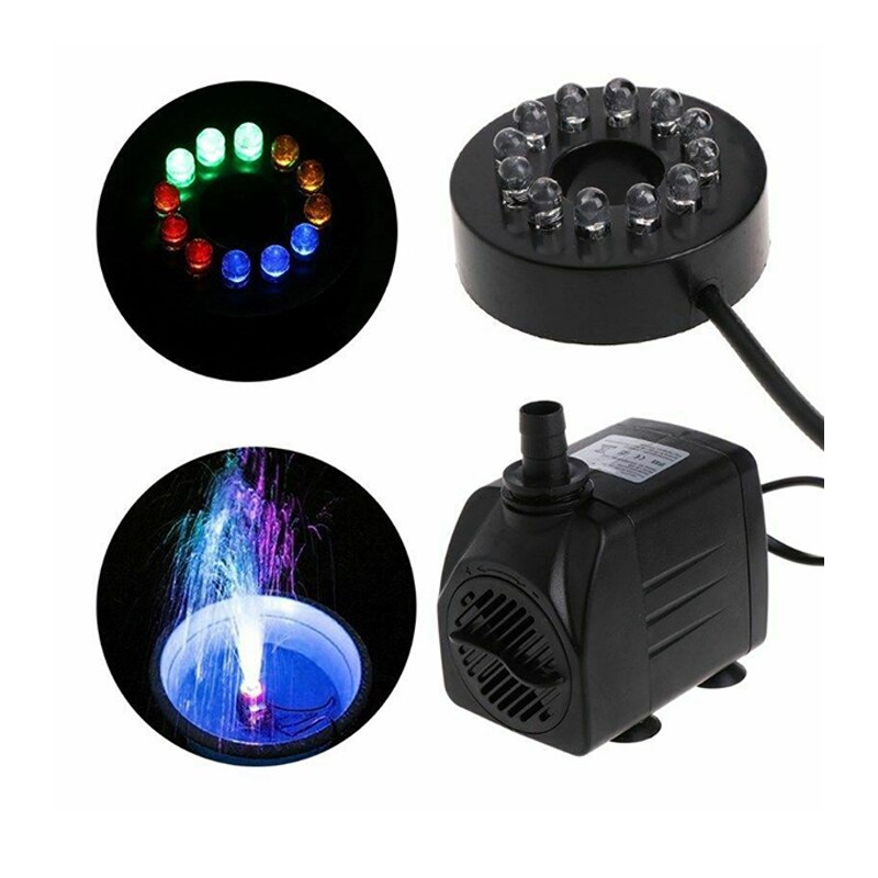 Cool LED Light Plate 15W Submersible Water Fountain Pump With 12 LED Light For Fish Tank Pond Garden Pool Safe Waterproof