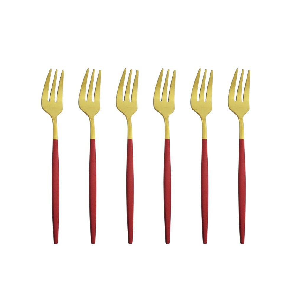 Ensemble de fourchettes à fruits en acier inoxydable, petite fourchette à Dessert en or blanc, ensemble de fourchettes à thé pour gâteau, fourchette à salade, service de couverts 6 pièces: Red Gold
