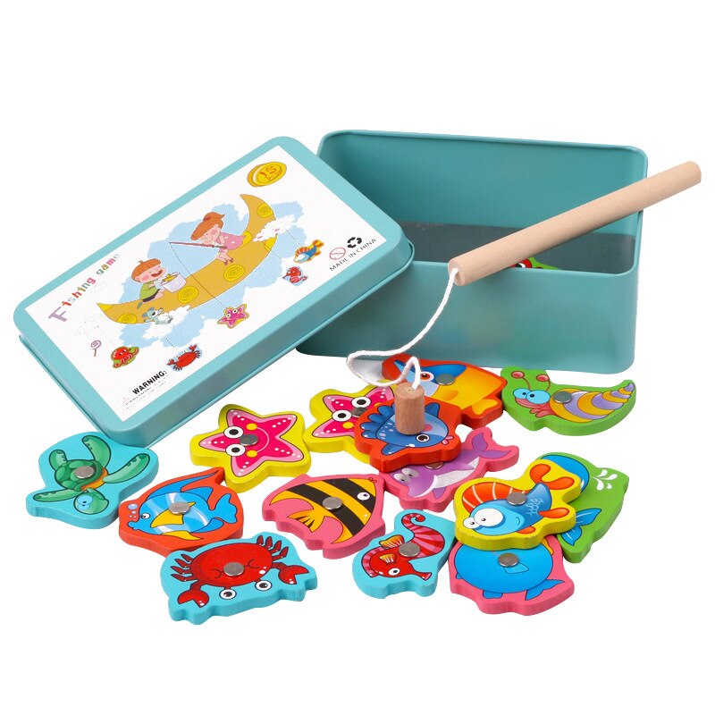 15Pcs Fish Wooden Magnetic Fishing Toy Set Baby Educational Toys Fish Game Educational Fishing Toy with Box