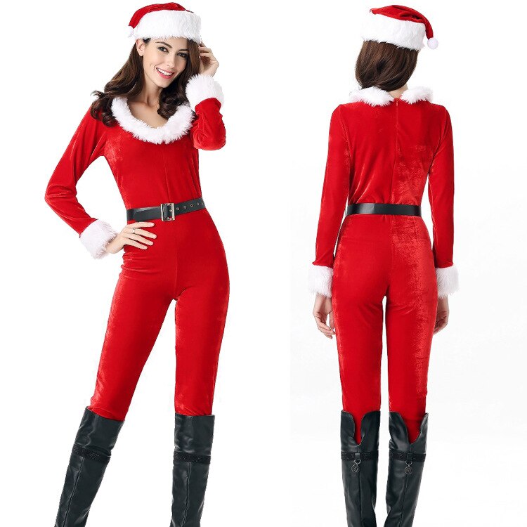 Kerst kostuum Kerstman Voor Volwassenen Rode Kerst Kleding vrouwen sexy Jumpsuit slim fit