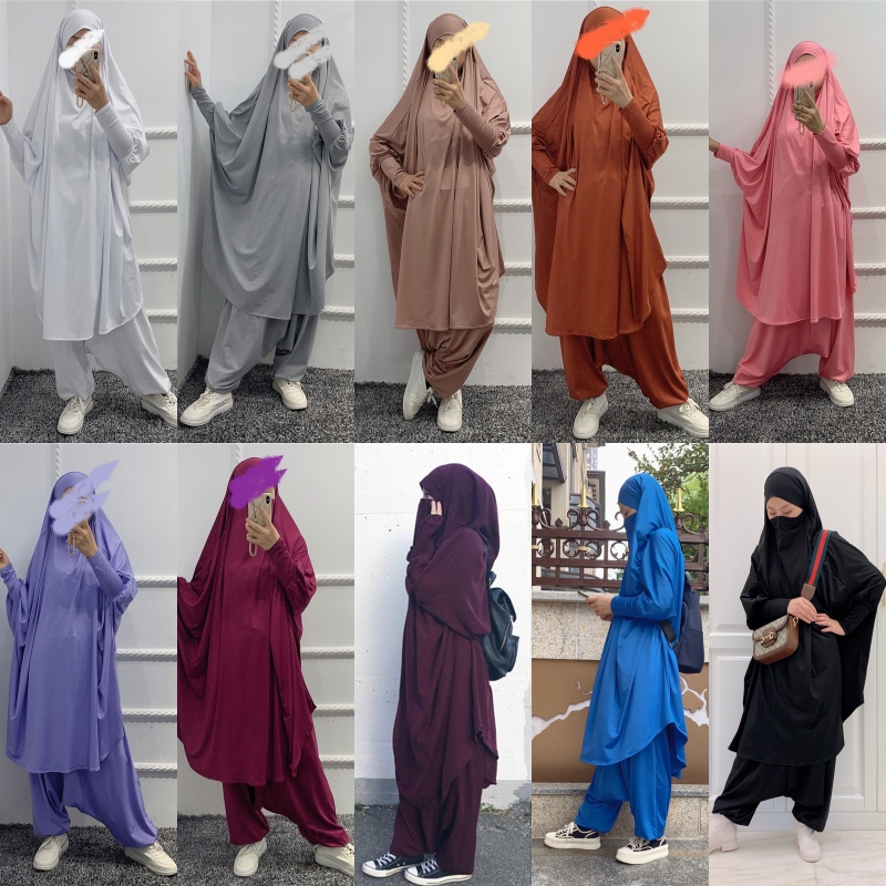 2 sztuka zestaw modlitwa odzież pełna pokrywa sukienka Abaya Eid Ramadan muzułmański islamski długi Khimar Jilbab szaty kobiety workowate spodnie haremki