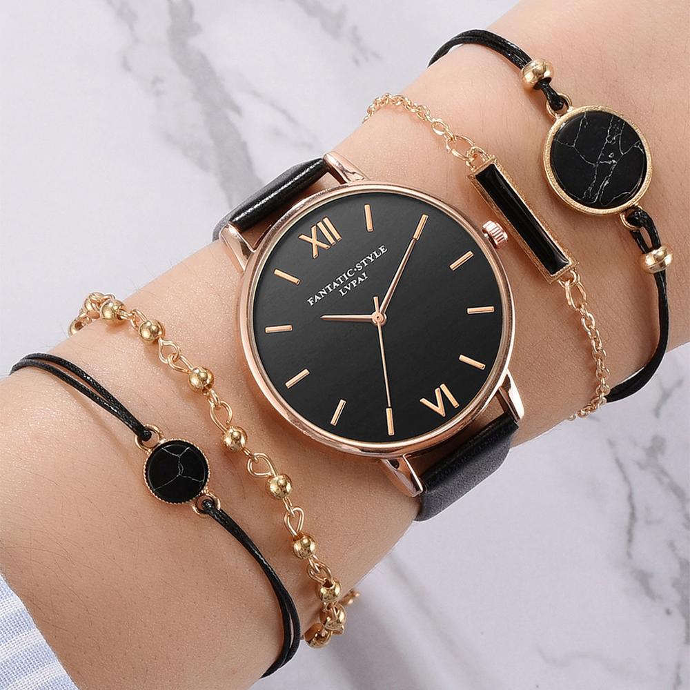 Fasihon Bracelet Watches Women Watches 4 Bracelet Set with Simple Casual Lady Quartz Wristwatch