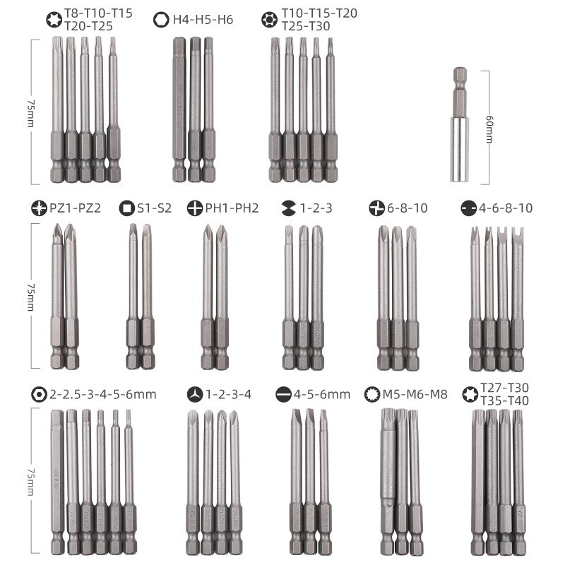 36/50pc 75mm Extra Long Magnetic Screwdriver Bit Set Security Head 1/4 Screwdriver Bits Kit Torx Star Hex Spline Bit Set