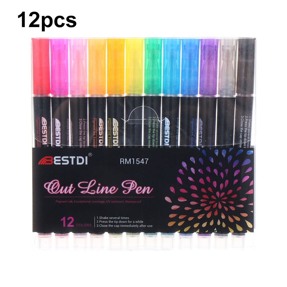 Metallic Double Lines Pen Art Markers Pen Contour Pen Highlighter Pen Stationery for Kids Painting Doodling School Art Supplies: 12pcs