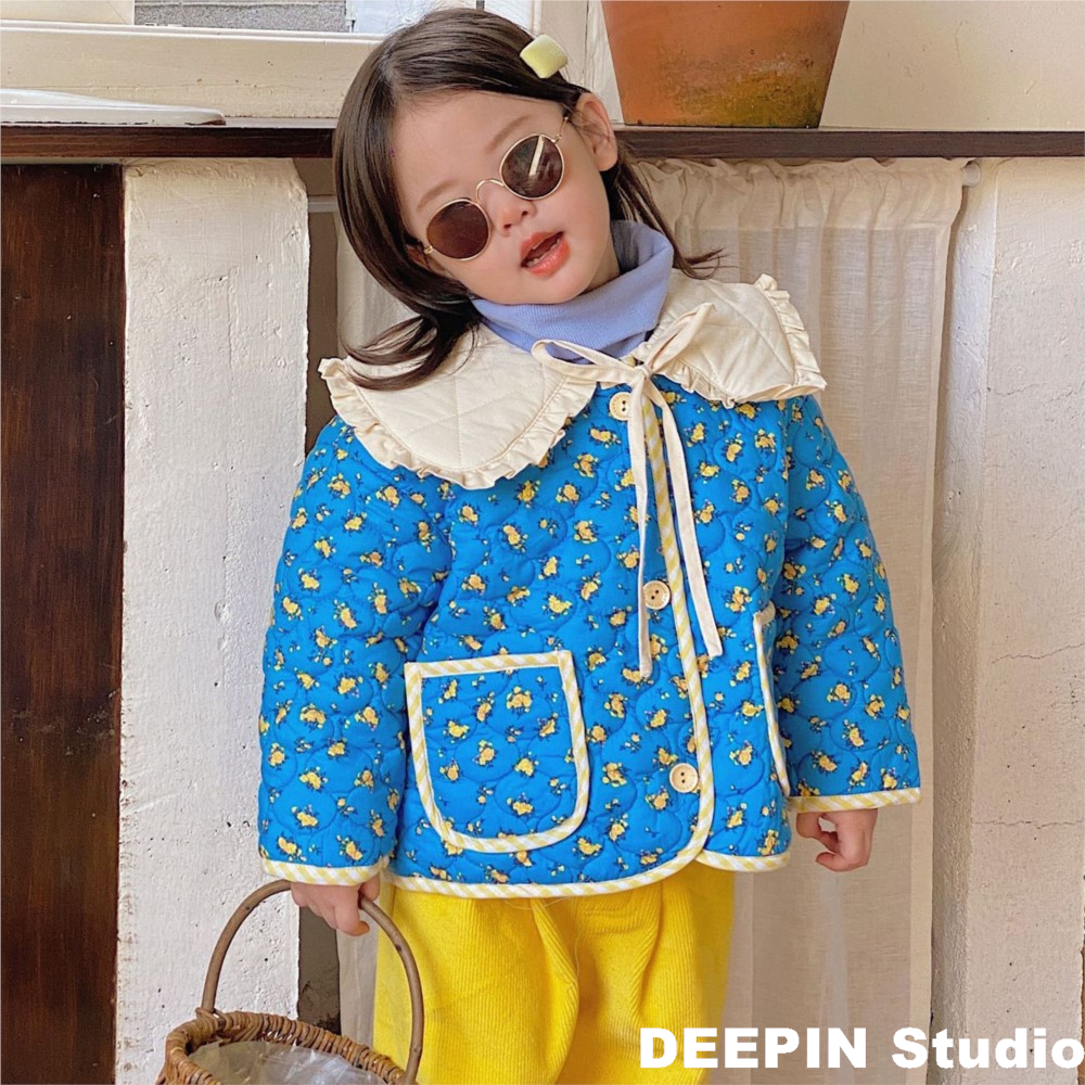 Girls Lovely Warm Thicken Floral Coats 2022 Winter Children&#39;s Girls Big Turn--Down Collar Cotton--Padded Floral Jackets 1-6Y