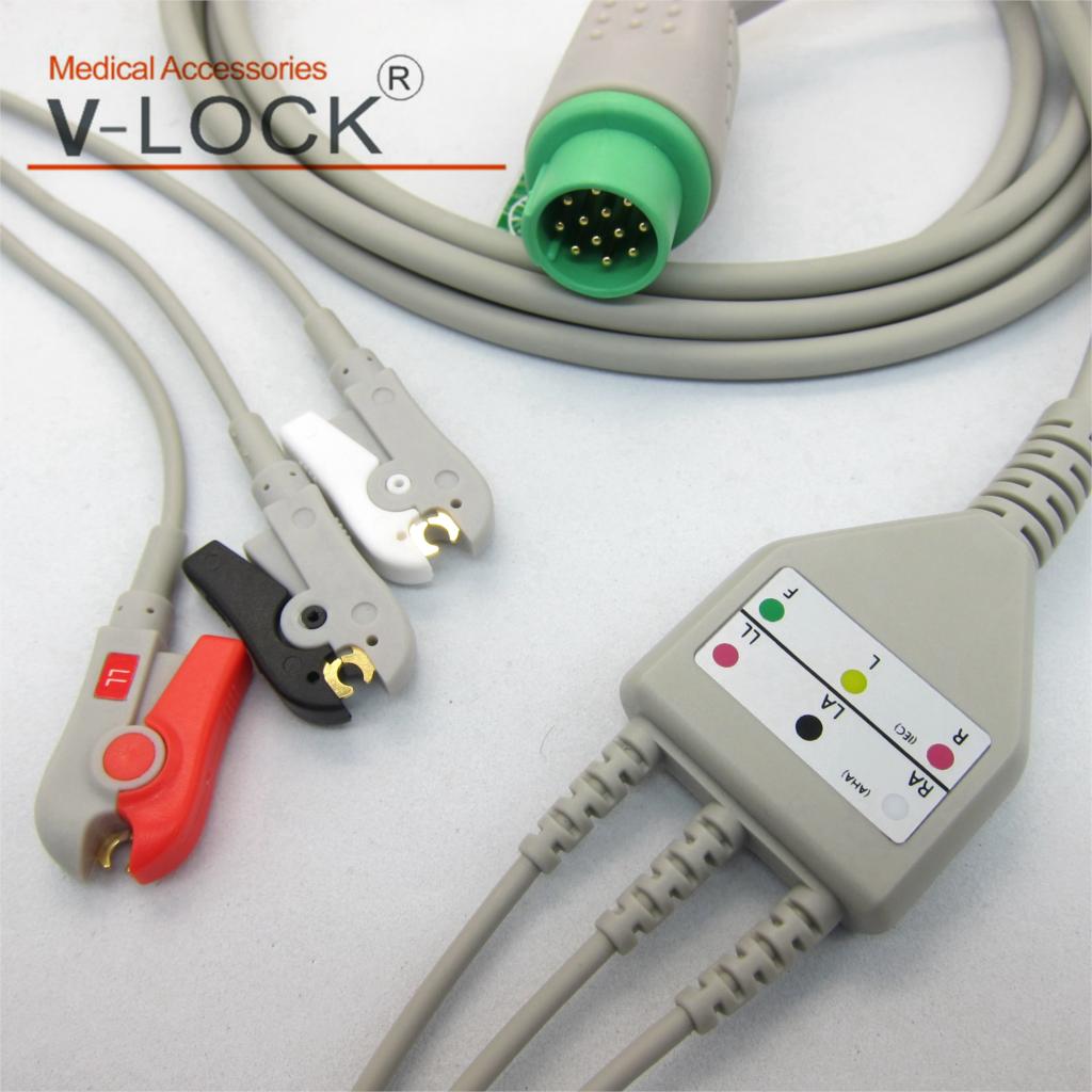 One-piece ECG cable and leadwires 3leads 5 leads snap clip grabber for schiller argus LCM plus patient monitor