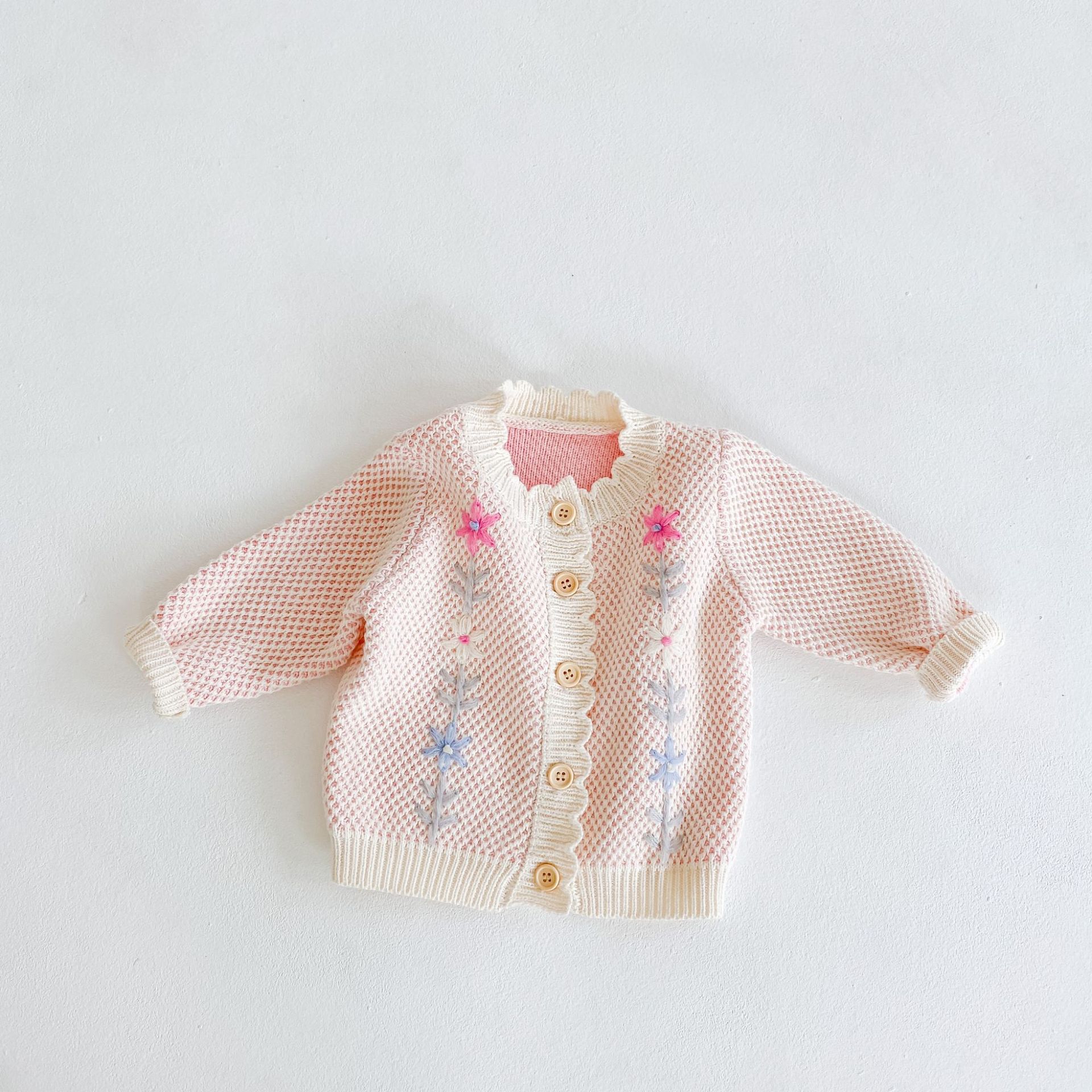 FOCUSNORM Baby Mädchen frauen lässig Lange ärmeln Strickjacke Spitzen Einreiher Süße Blumen- Bestickte Strick Mantel