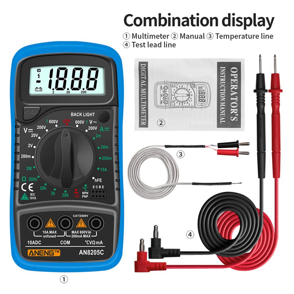 ANENG AN8205C Digital Multimeter AC/DC Ammeter Volt Ohm Test Meter Profession Multimetro With Thermocouple LCD Backlight Display: Blue