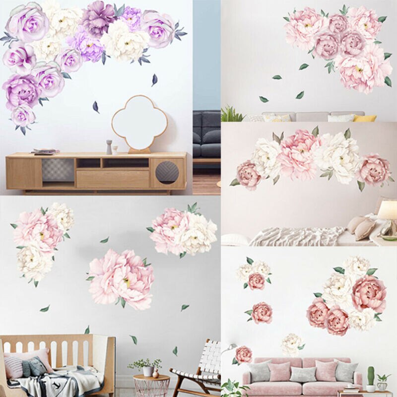Autocollant mural pour pépinière en Rose de pivoine, autocollant décoratif pour chambre d'enfant, décoration pour la maison, amovible et étanche