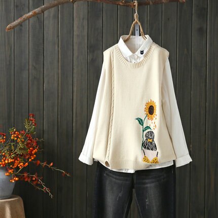 Chaleco con estampado de girasoles y bordado literario para chicas, jerséis tejidos para mujeres, Tops sin mangas, chalecos, jerséis con cuello ovalado informal: Beige