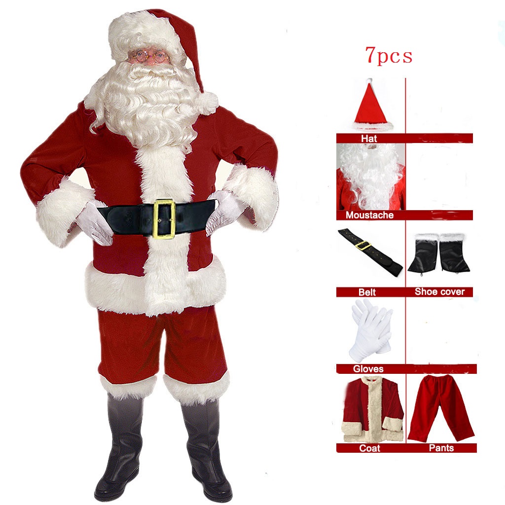 Santa Claus Costume Christmas Complete Dress-Up Outfit For Adult Santa Suit With Hat Men Cosplay Costumes 7PCS: 5XL