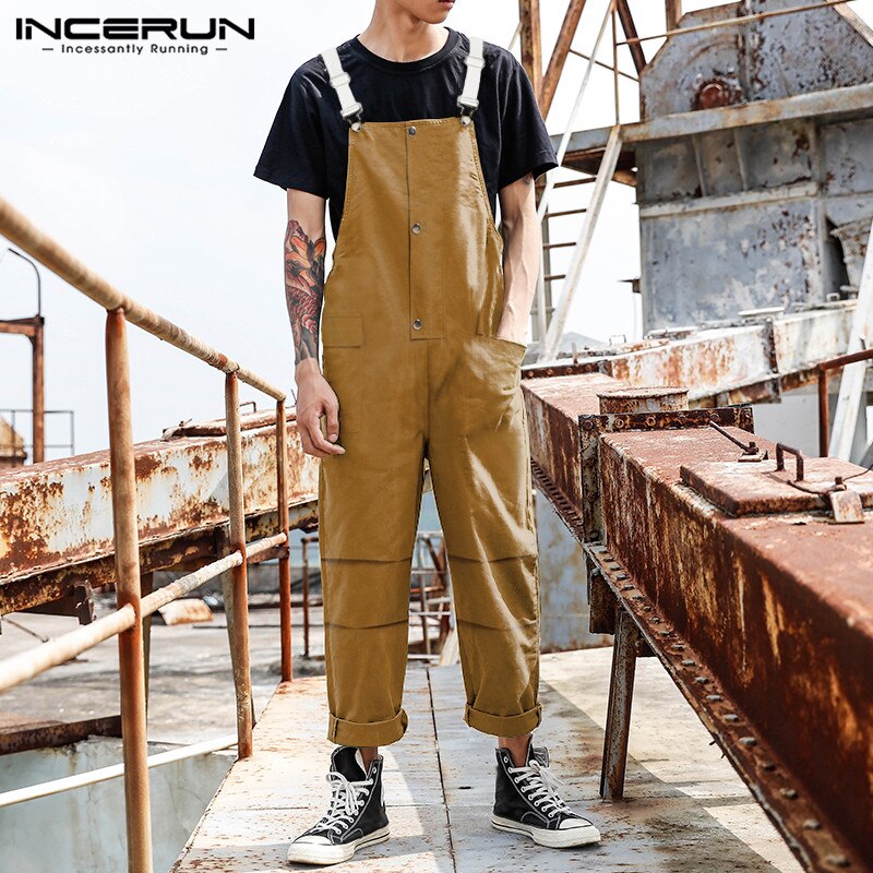 Incerun Mode Mannen Jumpsuit Solid Pockets Joggers Streetwear Knop Bretels Bib Broek Casual Chic Mens Overalls Rompertjes