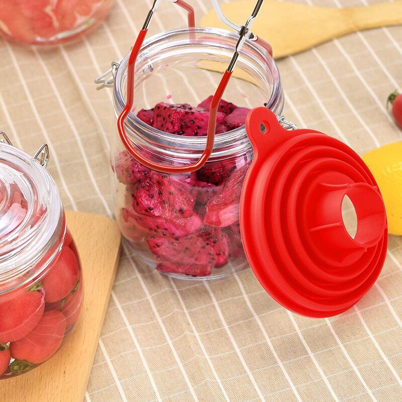 Canning Jar Lifter with Grip Handles and 3 Size Silicone Collapsible Funnel Red Foldable Canning Jar Funnel Set of 4