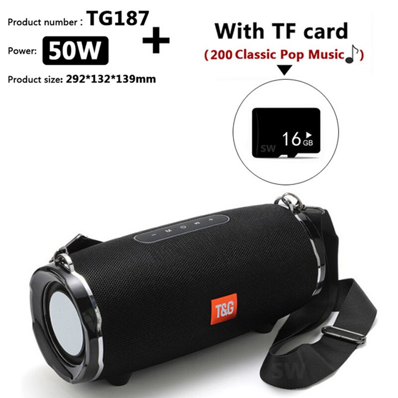 TG187 Altoparlante Bluetooth da 50 W ad alta potenza Colonna portatile impermeabile da esterno Altoparlante potente per altoparlanti per computer Subwoofer BoomBox Supporto per sistema 3DStereo Music Center TF FM AUX: TG187 Black TF card