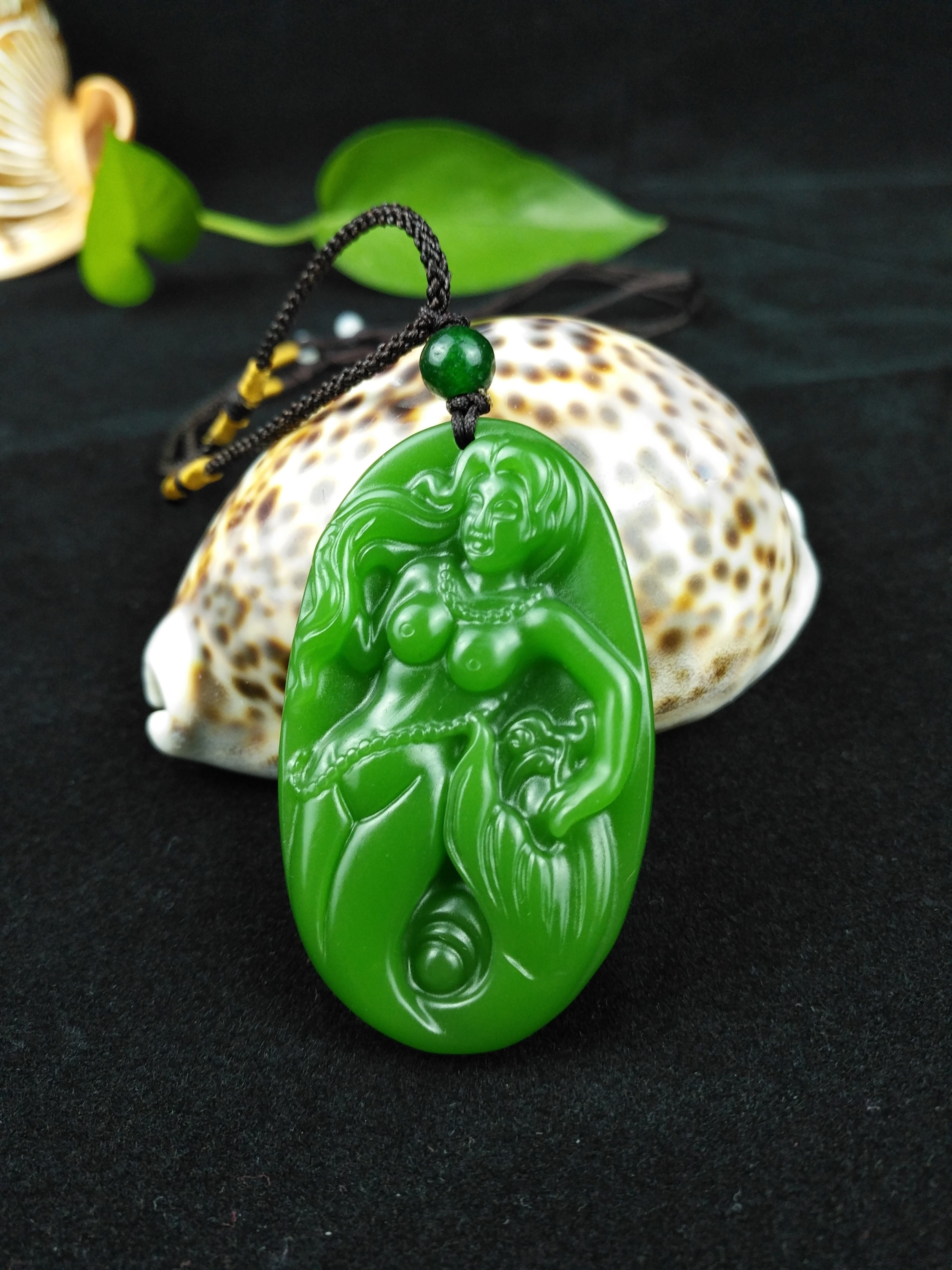 Chinois vert Jade sirène pendentif perles breloque collier bijoux accessoires de sculpté à la main hommes chanceux amulette chaude