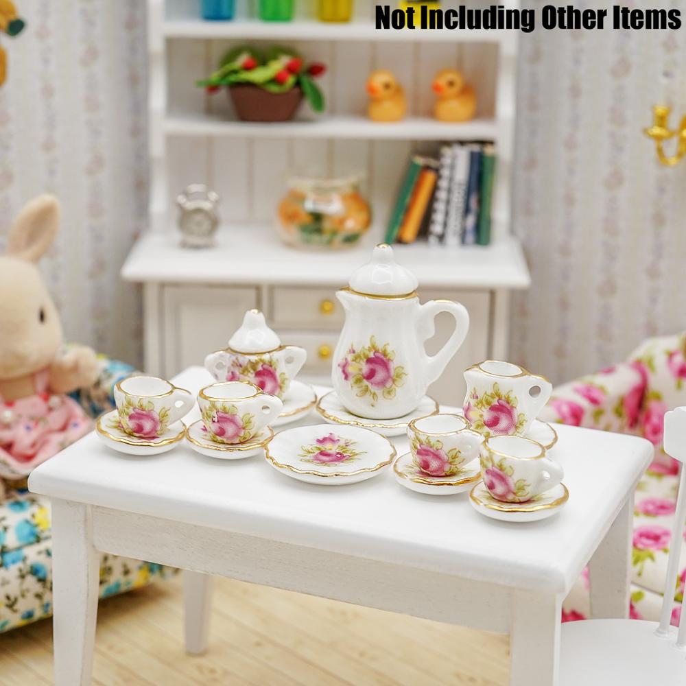 Odoria 1:12 miniaturowe 15 sztuk różowa róża perkal złote wykończenia zestaw filiżanek robić herbaty porcelanowe zastawy stołbyć winnym kuchnia akcesoria robić domku dla lalek wystrój