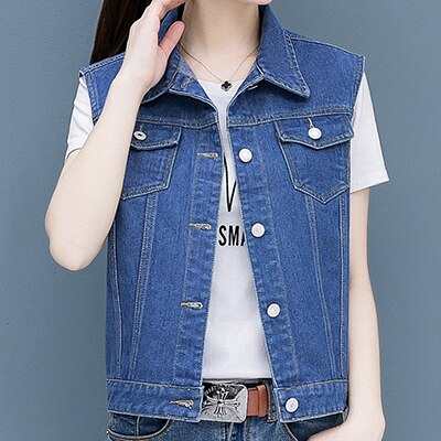 Dames denim jasje lente zomer korte denim dames vest casual slim enkelrijs mouwloos jeans jassen jassen: Marineblauw / Xxl