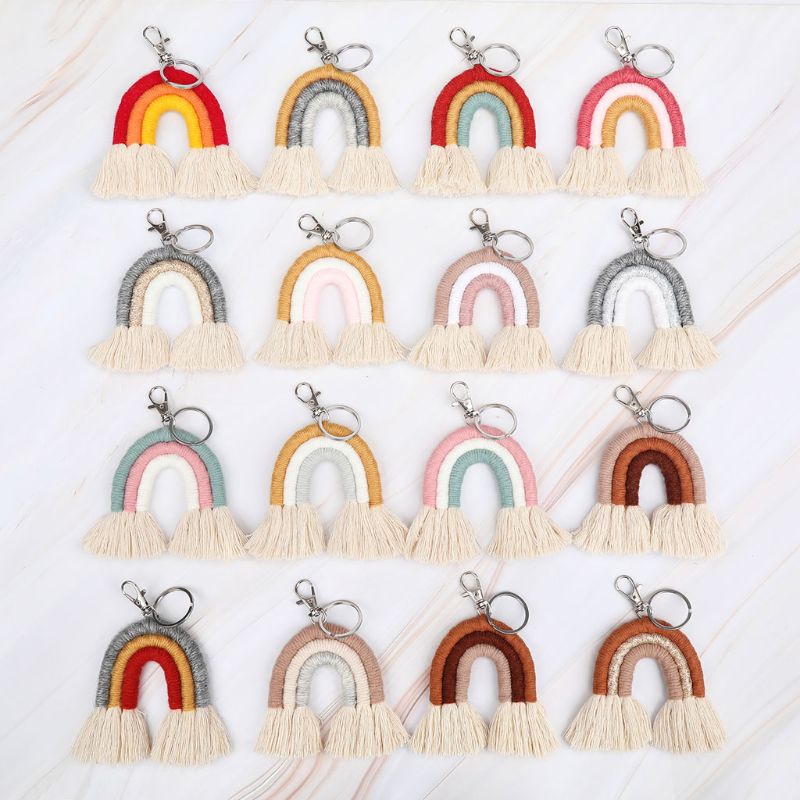 Weven Regenboog Sleutelhangers Voor Vrouwen Boho Handgemaakte Sleutelhouder Sleutelhanger Macrame Bag Charm Auto Opknoping Sieraden